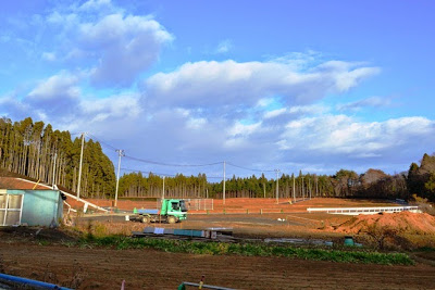車両が整地された造成地に入り、背後には針葉樹の林が広がる開発途中の住宅用地の写真