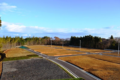 真っすぐ舗装された道路の両側に複数の宅地が整備され、区画ごとに地面がならされている開発完了に近い造成地の写真