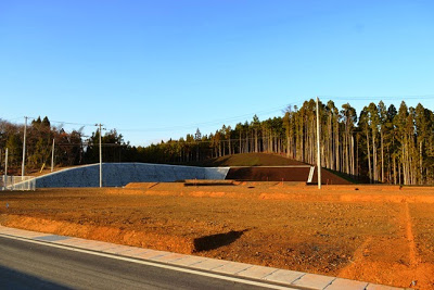 整地された土の広場の奥にコンクリート擁壁があり、その背後に針葉樹林が続く造成済みの宅地の写真