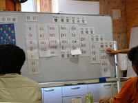 ホワイトボードに貼られた中国語の発音記号を二人の人物が見ている様子を写した写真