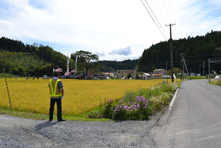 稲穂が実った田んぼの横の道に黄色い安全ベストを着た男性が立ち、奥の集落で多くの人が祭りの行列をしている風景の写真