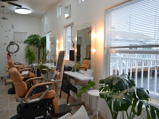カット台が並び、観葉植物と自然光で心地よく整えられた空間の美容室店内の写真