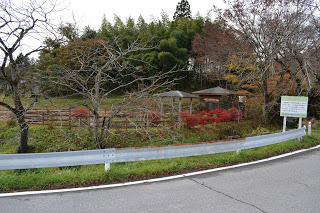 舗装された道路の脇にガードレールと案内板があり、その奥には赤く色づいた木々と東屋が立ち並ぶ写真