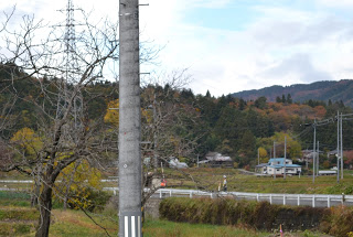 電柱の奥にガードレールが見え、紅葉した山々と家が点在している写真