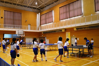 体育館の中で、女子部員の皆さんが体操着姿で卓球の練習をしており、卓球台がいくつも並ぶ中、それぞれがラケットを持って打ち合いをしている様子の写真