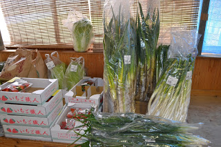 窓を覆う竹のすだれがある店内の木の台の上に複数の野菜が並べられており、ビニールで包まれた青ネギの束や「いちご職人」と書かれた箱が積まれ、キャベツなどが見える店内の写真