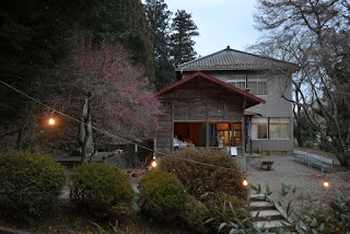 階段を上がった先にある木々に囲まれた赤い屋根の神楽殿に向かって、前景に吊り下げられたライトと小道が続く様子の写真