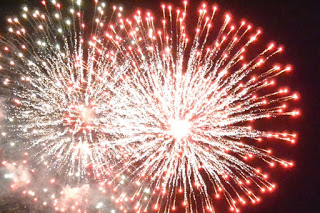 真っ赤な大輪の花火が2発、夜空いっぱいに光を放ちながら大きく開いている写真