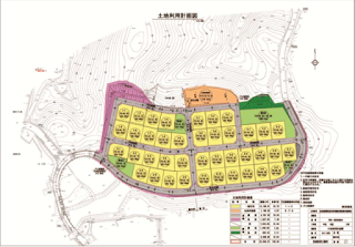 土地の区画が色分けされており、住宅地や道路の配置が詳しく表示されている土地開発計画図の画像