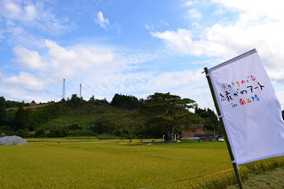 黄金色の稲が広がる田んぼの中に「テクテクめぐる縁がわアートin南三陸」と書かれた白い旗が立てられ、背景には青空と山並みが広がっている自然の中のアート会場の写真