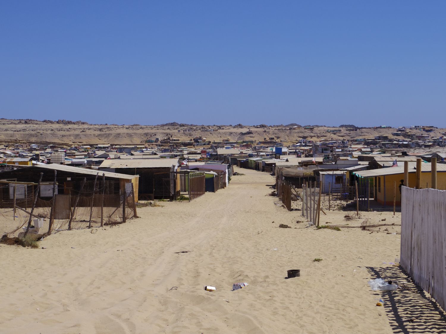 砂地の道がまっすぐ伸び、その両側に簡素な小屋が立ち並び、遠方には砂漠のような土地が広がる乾燥地帯の集落の写真
