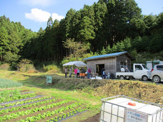 畑と森に囲まれた緑豊かな風景の中、小屋の前のテントに人々が集まっている様子を遠くから写した写真