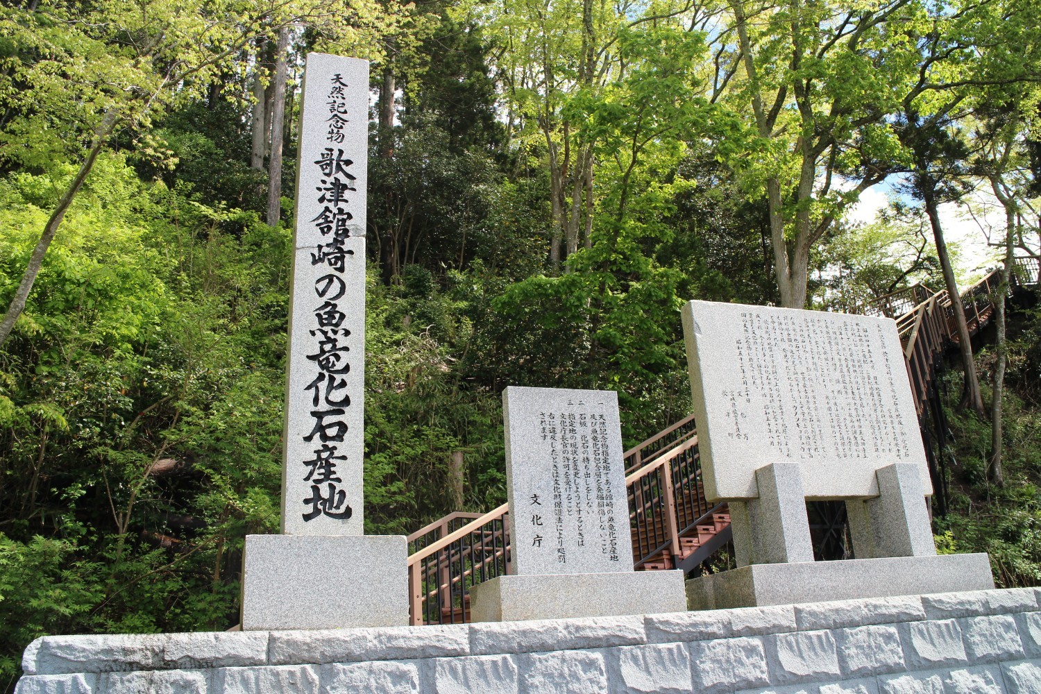 階段がある緑に囲まれた場所に三つの石碑が並んでおり、一番高い石碑には「天然記念物 歌津館崎の魚竜化石産地」と文字が刻まれている写真