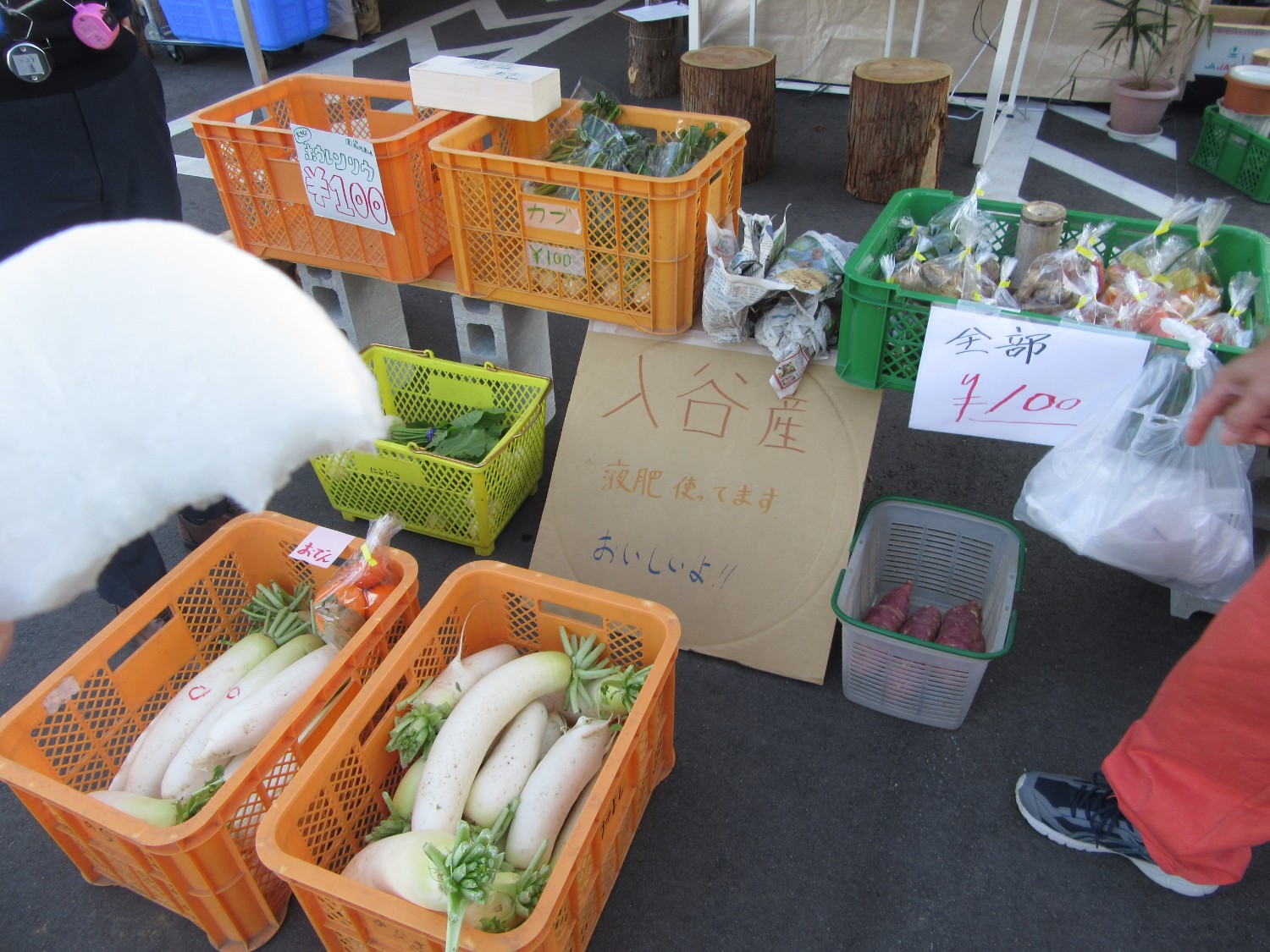 プラスチックの箱に大根や葉物野菜が並び、手書きの看板には「入谷生」「有肥使ってます」「おいしいよ!」と書かれている写真