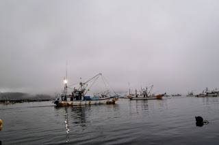 霧がかった海に多数の漁船が浮かび、手前には作業中の船が見える様子を撮影した写真
