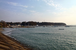 防波堤の上から海を見下ろす視点で、奥には漁船が並ぶ港と、木々に囲まれた集落が見え、穏やかな海と空が広がる海辺の町の写真