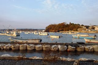 海の水面に多数の小型船が停泊しており、手前の海岸には波の浸食を防ぐために並べられた土のうが並べられた写真