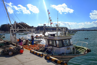港にとまった漁船の横で漁師たちが道具を準備している様子が映っている漁業作業の写真