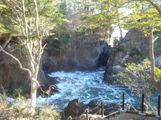 岩の割れ目に波が打ち寄せて白い泡が立ち、周囲に緑の木々が見える神割崎の風景の写真