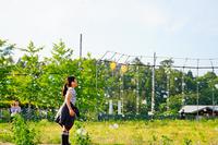 奥に野球のバックネットが見える緑の草が一面に広がる野外で、たくさんのシャボン玉が飛んでいる中に女の子がシャボン玉を見つめて立っている写真