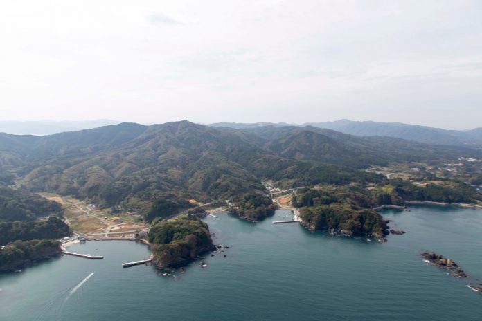 緑に覆われた山々と複雑に入り組んだ海岸線が広がる自然豊かな地域の風景を空から撮影した写真