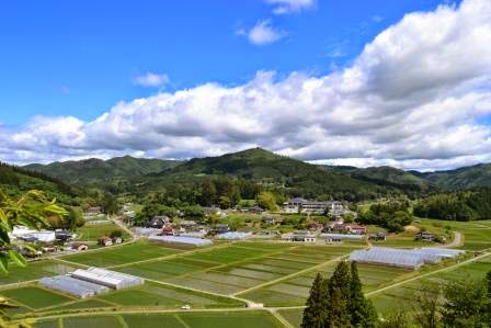 田んぼとビニールハウスが広がる農村の風景の奥に、緑の山々が連なり、青空に白い雲が浮かんでいる地区全体の写真