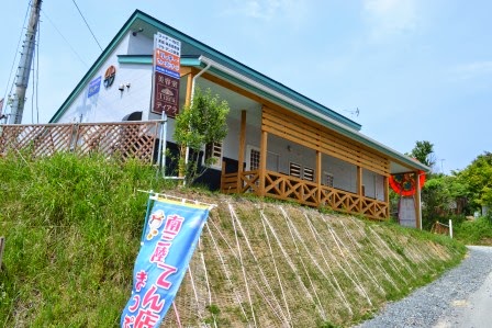 坂道の途中に建つ白と緑色の外壁の店舗があり、木製のテラスとのぼり旗が見える斜面下から撮影されたカフェの写真