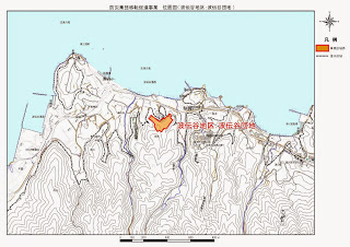 海岸沿いの地形図にオレンジ色で囲まれた波伝谷地区の波伝谷団地が示された、防災集団移転促進事業の位置図