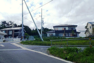 舗装道路の向かい側に複数の完成済み住宅が並び、その奥には森が広がっている郊外の住宅街の写真