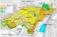中学校用地や防災集団移転地、産業ゾーンなどが色分けされて示された復興計画の全体区画図の画像