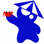 青いキャラクターが白い三角帽子をかぶり、右手に赤いカニを持って笑顔を見せているイラスト