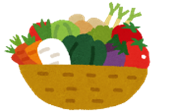 かごに入った人参、だいこん、とまと、かぼちゃなどの野菜のイラスト