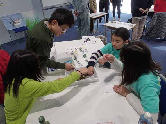 テーブルの中央に置かれたトレイに手を伸ばした子供たちが海藻おしばのしおりづくりを行っている様子の写真