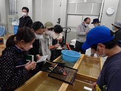 水槽の前で魚を観察しながらメモを取っている子どもたちの写真