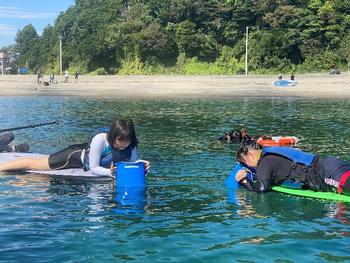 海の上に浮かんだボードにうつ伏せになって海を観察している子どもたちの写真