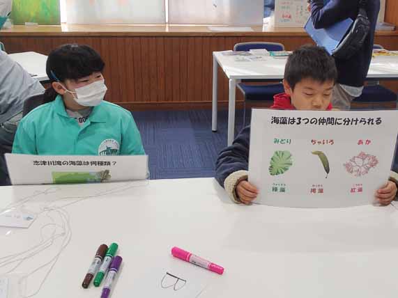 海藻の分類について書かれた紙を見ている子どもたちの写真