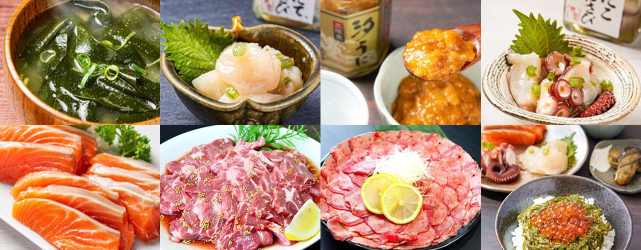ふるさと納税返礼品の組み写真 左上1段目から、わかめの味噌汁、ホタテ、汐うみ、たこわさび、2段目にサーモン、牛肉、牛タン、いくらと海鮮とごはん