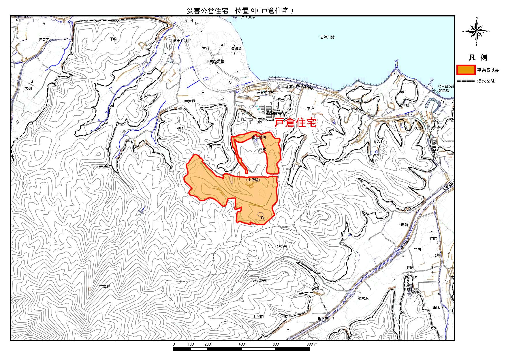 地形図に示されている災害公営戸倉住宅の防災集団移転促進事業の全体位置図