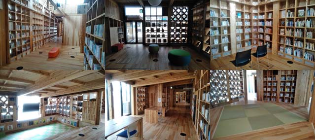 木の素材をふんだんに使った内装で、壁面いっぱいに本棚が設置され、畳のスペースも備えた図書館の様子を6枚の写真で紹介している写真