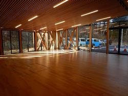 フローリングの床と木材の天井が広がる大きな窓で明るく開放的な大研修室の写真