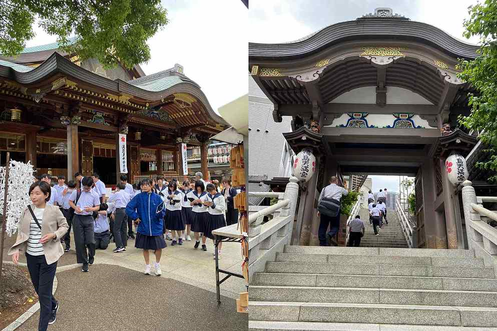 （左）奥に本殿があり、手前に絵馬やおみくじが掛けられている神社の境内で、制服姿の生徒たちが立ち止まって手に持った紙を見たり談笑している様子の写真（右）石段の上にある立派な山門に「湯島天満宮」と書かれた提灯が吊るされており、山門から続く石段を生徒たちが上っている様子の写真