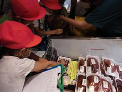 赤い帽子をかぶった子どもたちが、メモを取りながらショーケースに並んだパック入りの食品を見ている写真