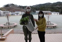 収穫したばかりの、大きな袋いっぱいのせりを抱えた阿部高裕さんとその隣でセリを両手で示している女性の写真