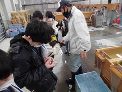 コンクリートの床が濡れた作業場で、大人に囲まれた複数の子どもたちが、熱心に説明を受けている様子の写真