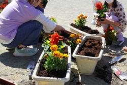 子ども達が土の入ったプランターの近くに座り丁寧に花を植えている写真