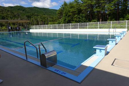 きれいな水がはられたプールを飛び込み台の方から斜めに全体を写した写真
