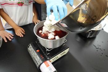 黒い作業台の中央に置かれた卓上コンロの上で、赤い染色液が入った鍋の中に、大きなボウルに入った沢山の繭を青いゴム手袋をはめた手で入れている写真