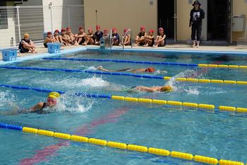 青空の下、順番を待つ子供たちがプールサイドに座って見守っている中、屋外プールで黄色や赤色の水泳帽を被った児童たちが泳いでいる写真