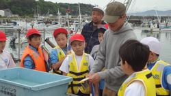 赤と白の帽子、ライフジャケットを着用した複数の小学生たちが、漁港で漁師らしき大人の方の周りに集まり、大人の方の手元を見ている写真