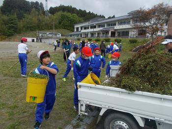 赤白帽子を被りジャージ姿の児童達が黄色のバケツに入れたたくさんの草を軽トラックの荷台に運んでいる写真